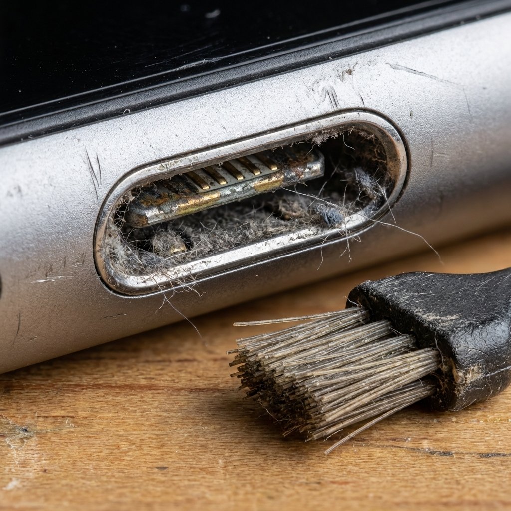 Conector de carga de iPhone sujo e escova de limpeza