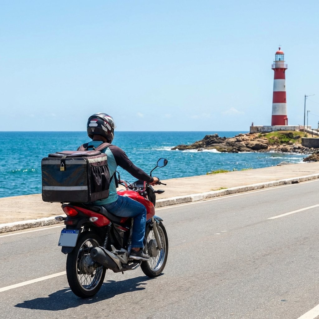 Motoboy fazendo entrega na orla de Salvador perto do Farol