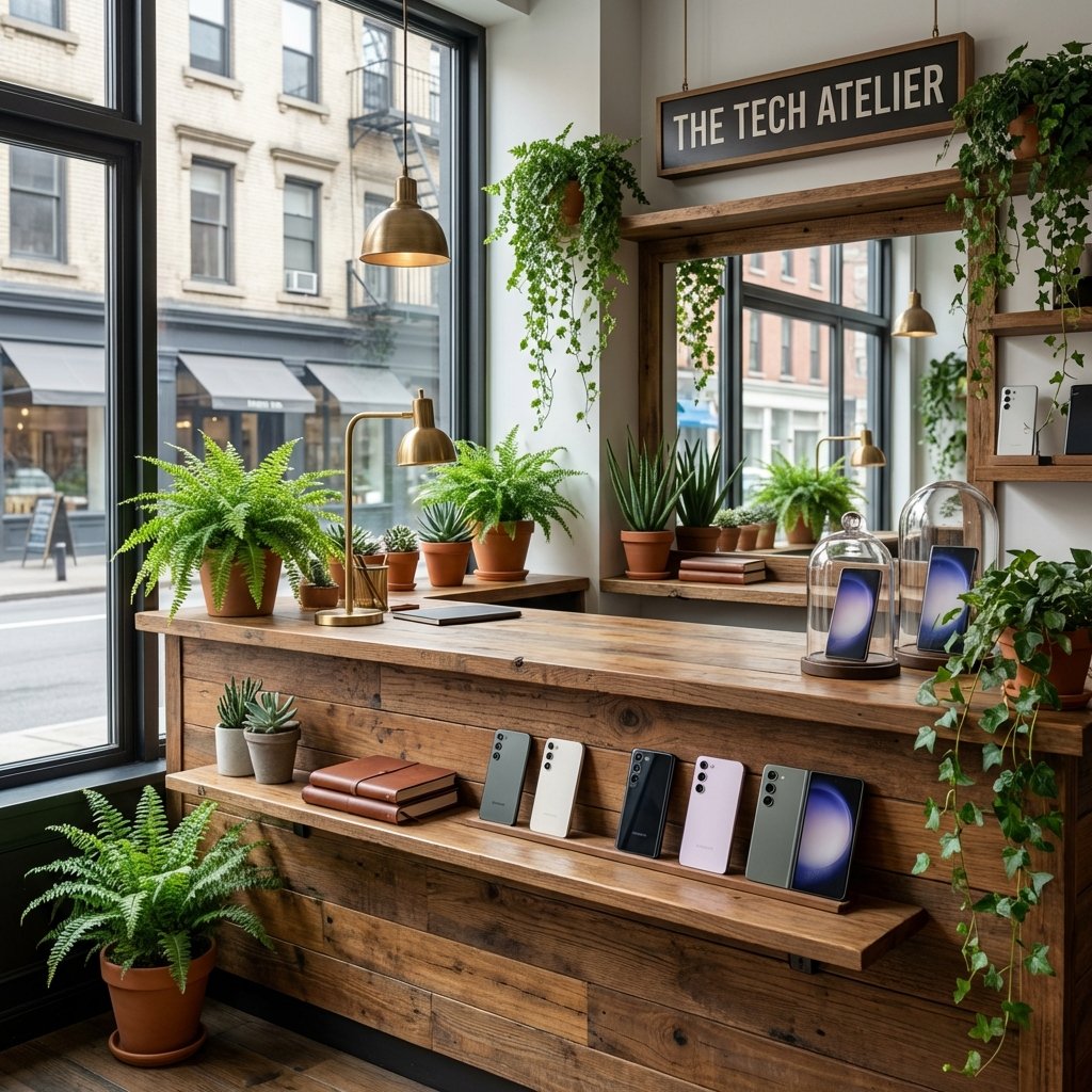 Balcão de atendimento premium com aparelhos Samsung