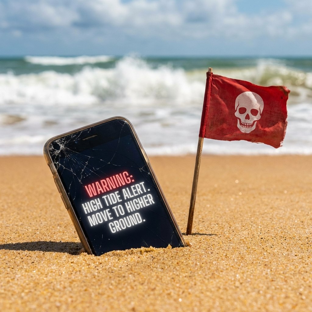 Celular na areia da praia com água do mar ao fundo